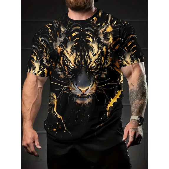 1 piece MenCasual crew neck T-shirt, black and gold oil tiger print, polyester Knitting fabric, slightly stretchy, short-sleeved pullover shirt, suitable for daily and weekend wear