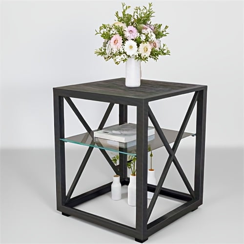 1 piece Modern End Table Nightstand for Bedroom & Living Room, Tempered Glass& Rustic Wood Grain MDF, Industrial Style Side Table