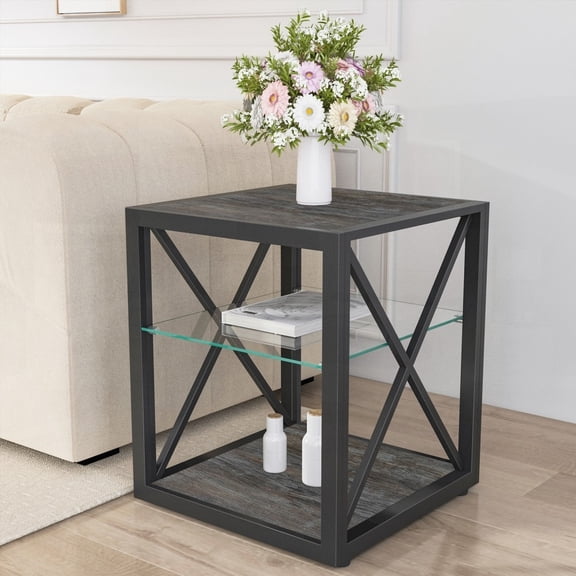 1 piece Modern Side Table for Bedroom & Living Room, Industrial Style with Tempered Glass & Rustic MDF, 3-Tier Storage for Daily Essentials