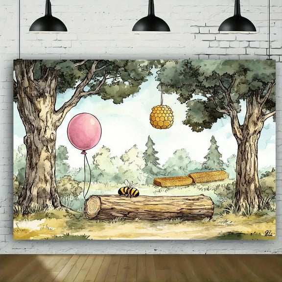 1 piece, Party Background Cloth Winnie the Pooh Scene Banner, A Hundred Acre Wood Fantasy Watercolor Scene. Birthday Wedding Decoration Backdrop Banner