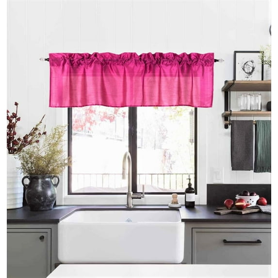 1 piece S18 luxury straight sheer faux silk window curtain valance for kitchen bathroom décor with rod pocket hot pink color 55" wide X 18" long