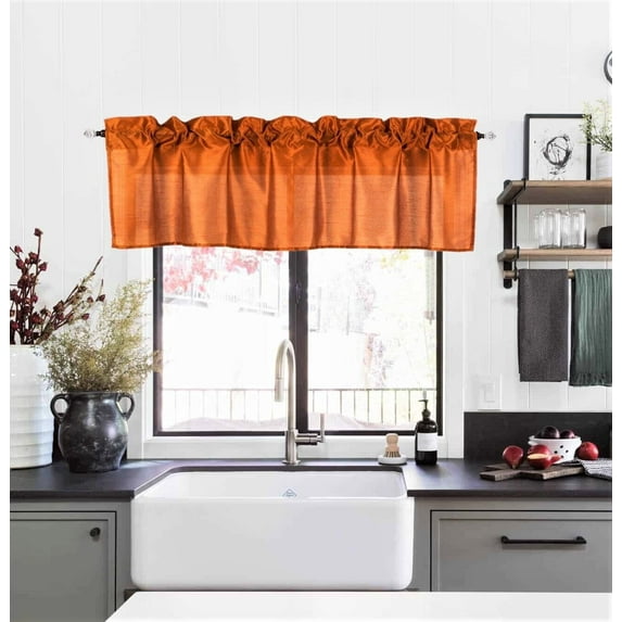 1 piece S18 luxury straight sheer faux silk window curtain valance for kitchen bathroom décor with rod pocket orange color 55" wide X 18" long
