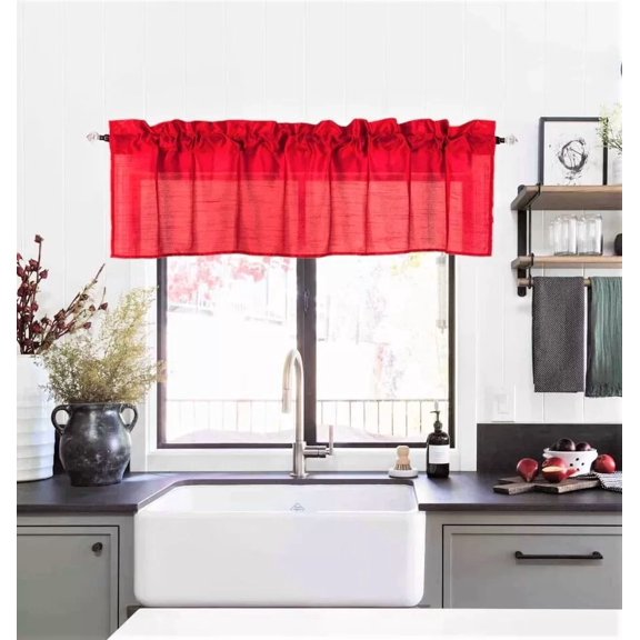 1 piece S18 luxury straight sheer faux silk window curtain valance for kitchen bathroom decor with rod pocket on top bright red color 55" wide X 18" long