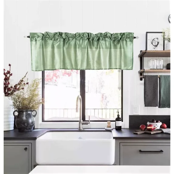 1 piece S18 luxury straight sheer faux silk window curtain valance for kitchen bathroom decor with rod pocket on top green sage color 55" wide X 18" long