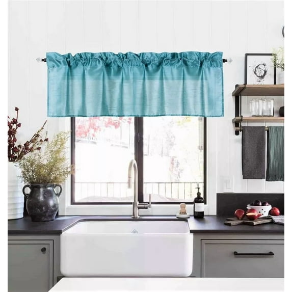 1 piece S18 luxury straight sheer faux silk window curtain valance for kitchen bathroom decor with rod pocket on top green teal color 55" wide X 18" long
