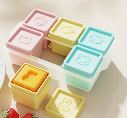 1 piece - Silicone 6-compartment baby food container, food freezer, snack box with lid, ice tray mold