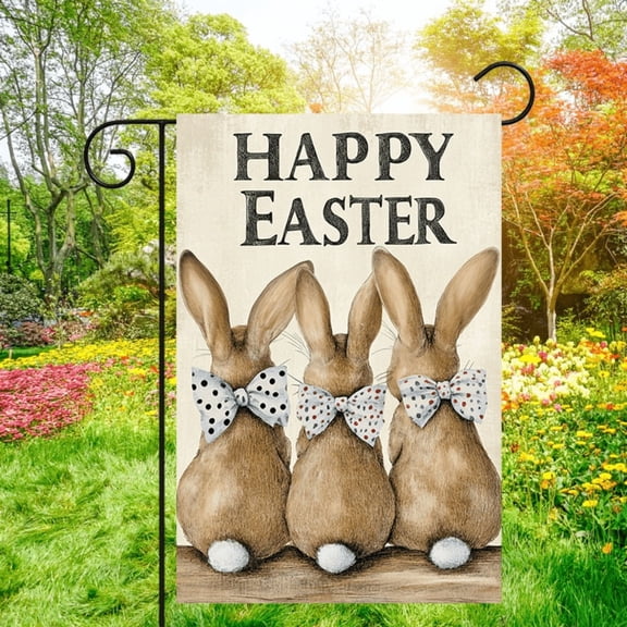 1 piece, Spring Double-sided Garden Flag - 2D flat three rabbits back view design, courtyard symbol, perfect for courtyard, lawn and outdoor decoration, garden decoration, party decoration items, 12x