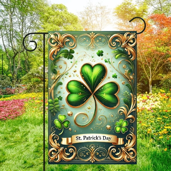 1 piece, St. Patrick's Day Double-sided Garden Flag - 2D flat cloverleaf pattern design, courtyard sign, perfect for courtyard, lawn and outdoor decoration, garden decoration, party decoration items,