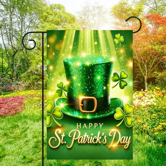 1 piece, St. Patrick's Day Double-sided Garden Flag - 2D flat hat pattern design, courtyard logo, perfect for courtyard, lawn and outdoor decoration, garden decoration, party decoration items, 12x18