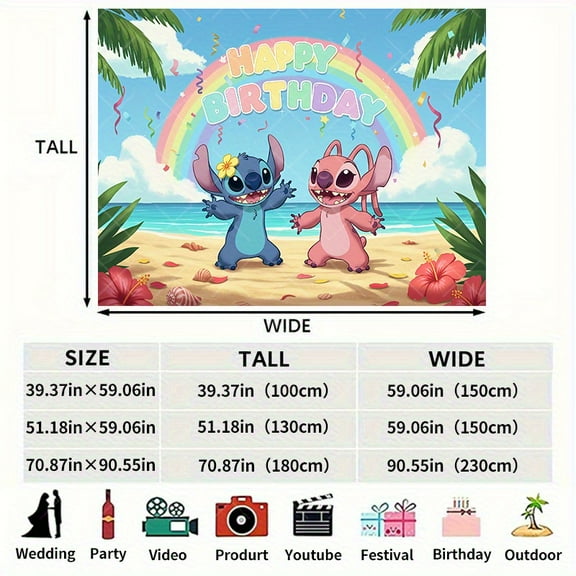 1 piece of Stickey and Angel Tropical Beach Rainbow Birthday Party Background Cloth - Bright polyester fabric decoration for birthday parties, graduation ceremonies, indoor/outdoor events