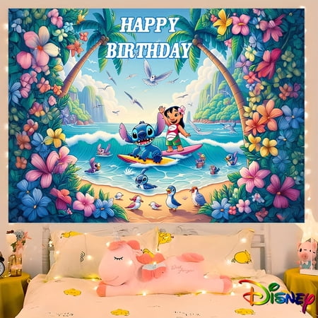 1 piece of Stitch & Lilo Tropical Birthday Background Banner - High-quality polyester fiber decoration, suitable for parties, festivals and celebrations