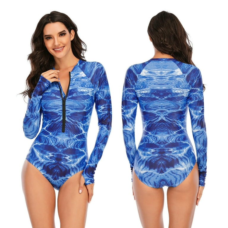 1-piece Swimsuits for Women Surfing Diving Rashguard Swimsuits Swimwear  Bathing Suit Long Sleeve Bra Padded Zip Front -M