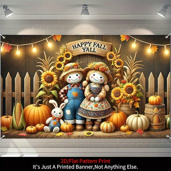 1 piece, Thanksgiving autumn banner background decoration, 2D flat scarecrow and sunflower, pumpkin pattern background wall hanging decorative banner, party supplies, indoor/outdoor party decoration,