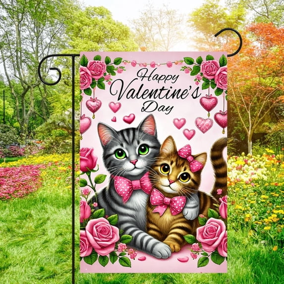 1 piece, Valentine's Day Double-sided Garden Flag - 2D flat cute kitten embrace pattern design, courtyard logo, perfect for courtyard, lawn and outdoor decoration, garden decoration, party decoration