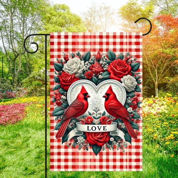 1 piece, Valentine's Day Double-sided Garden Flag - 2D flat red bird and rose pattern design, courtyard sign, perfect for courtyard, lawn and outdoor decoration, garden decoration, party decoration i
