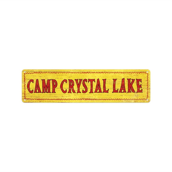 1 piece of Vintage Camping Crystal Lake Metal Wall Art - Vintage Horror Movie Logo, 3.9 x 15.7 inches, rustic yellow and red trim, suitable for men's nest, garage, bedroom, bar, camping decoration