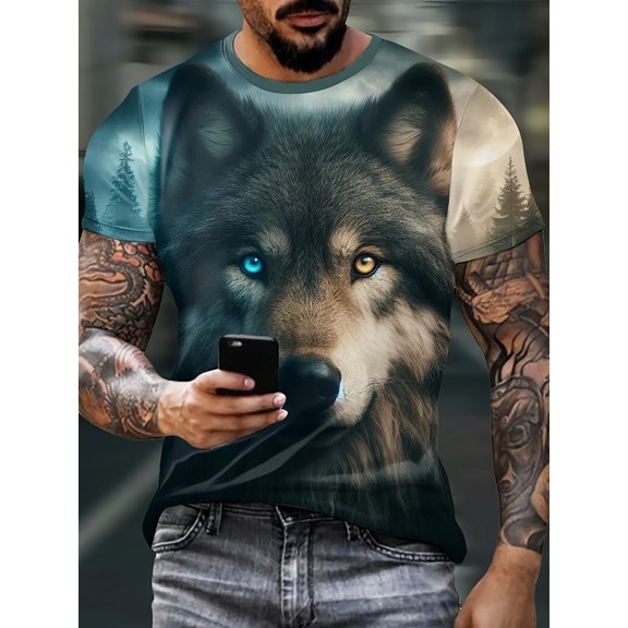 1 piece Wolf King Pattern T-shirt - Polyester fiber crew neck, casual animal print, slightly stretchy knit fabric, regular fit for adults, suitable for summer weekend casual wear