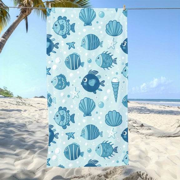 1 piece beach towel - marine themed bath and swimming towel, soft blue marine life pattern (fish, shells, starfish), lightweight microfiber for swimming pools, travel, bathrooms - machine washable