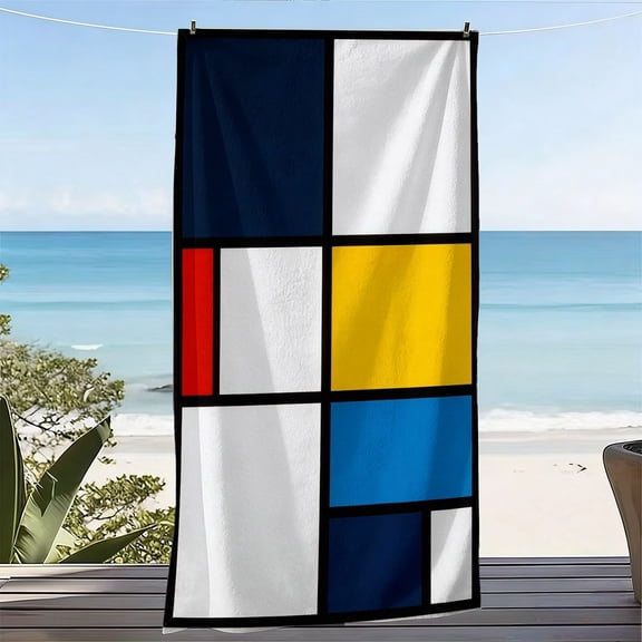 1 piece, beach towel patterned with Mondrian red, yellow and blue geometric squares, Nordic Bauhaus art style, suitable for seaside sojourn and hot spring wiping