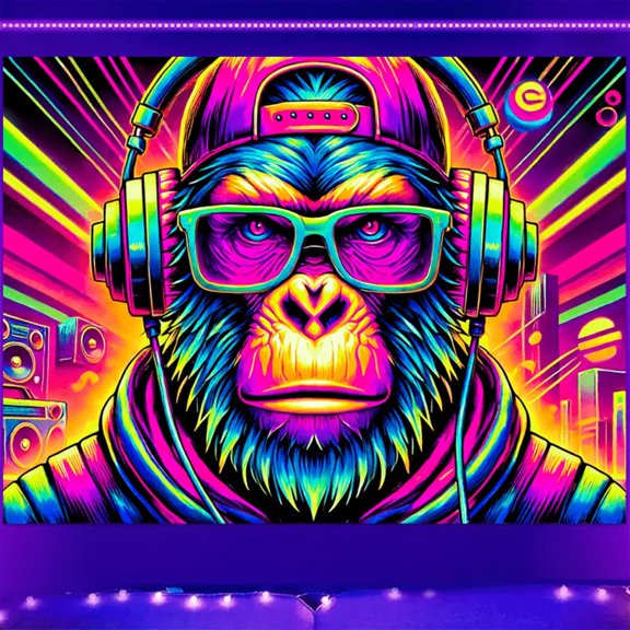 1 piece, black light ultraviolet reaction tapestry, 2D Flat fantasy personality DJ gorilla pattern design, wall art hanging flag, a tapestry that gels in the dark background, suitable for bedroom/liv