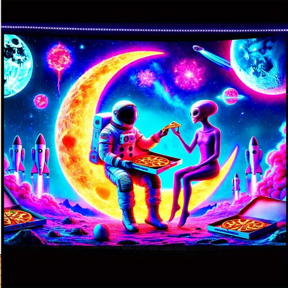 Blacklight Tapestry Astronaut and Alien Design, UV Reactive Black Tapestry Wall Hanging for Bedroom Living Room Game Room Decor