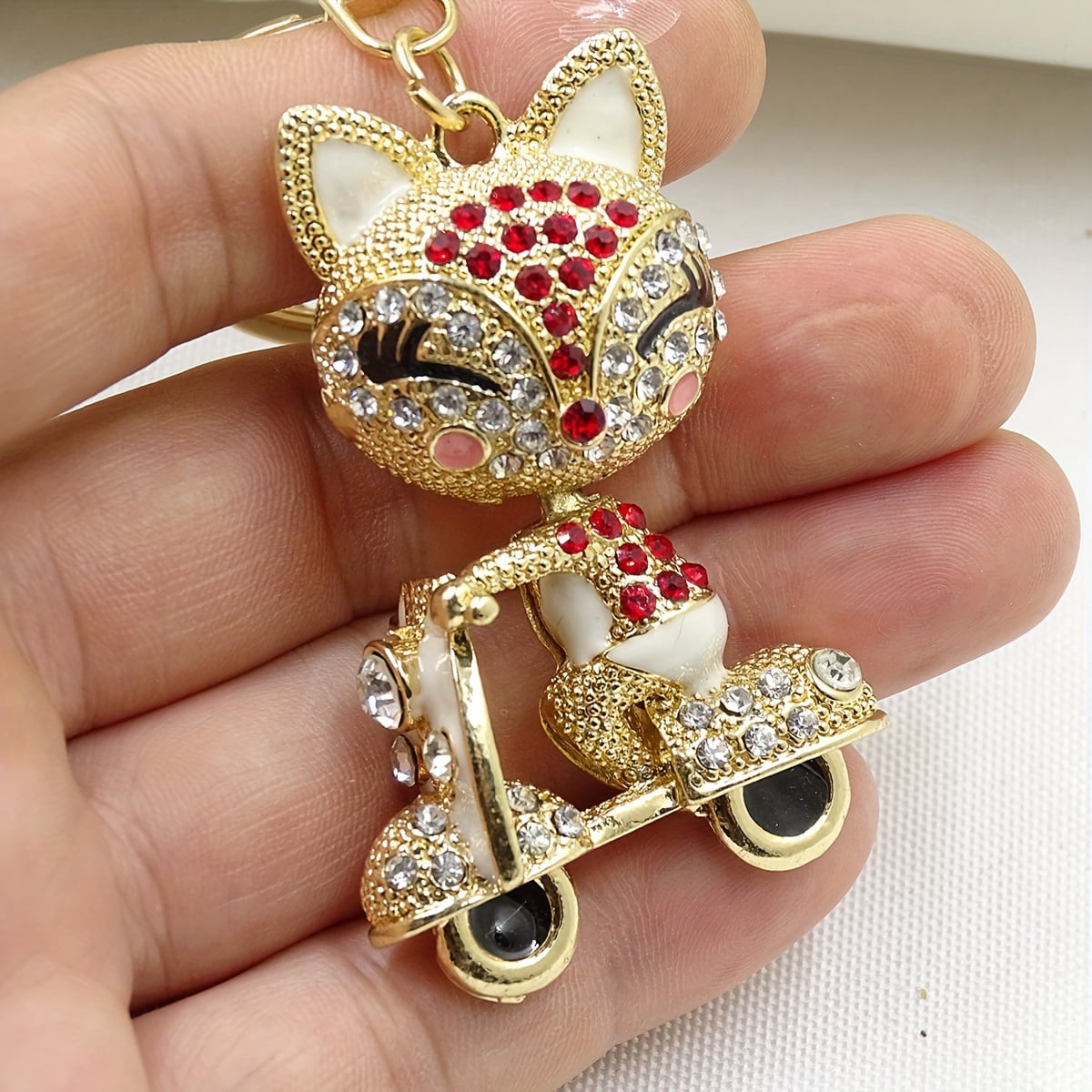 1 piece cute fox scooter keychain shiny rhinestone animal alloy key chain ring bag backpack hanging decoration car key pendant ladies girl gift