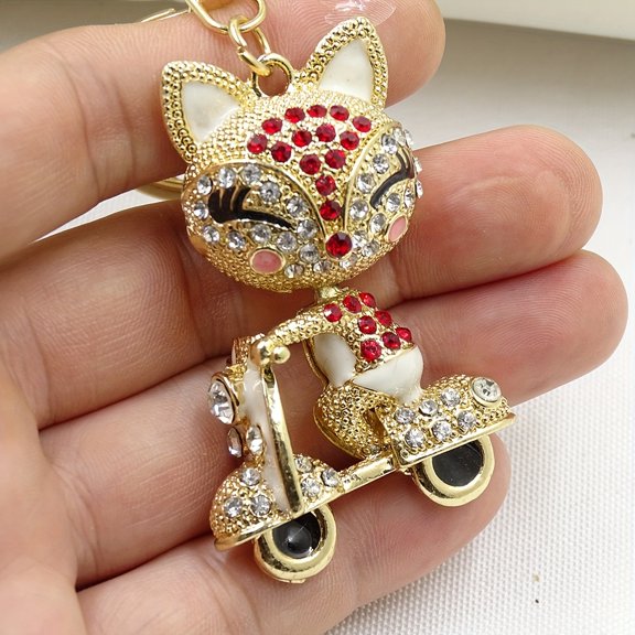 1 piece cute fox scooter keychain shiny rhinestone animal alloy key chain ring bag backpack hanging decoration car key pendant ladies girl gift