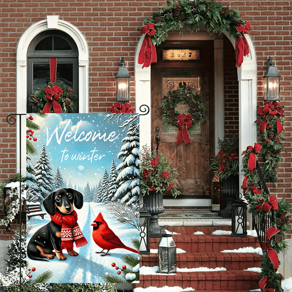 1 piece, double-sided Christmas Garden Flag - 2D flat Dachshund and Red Lord design, winter outdoor decoration, perfect for courtyard, lawn and outdoor decoration, garden decoration, party decoration