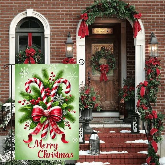 Merry Christmas Garden Flag, Candy Cane Wreath Design, 2D Flat Double Sided Outdoor Yard Flag for Lawn Patio Porch Decor, 12 x 18 Inches