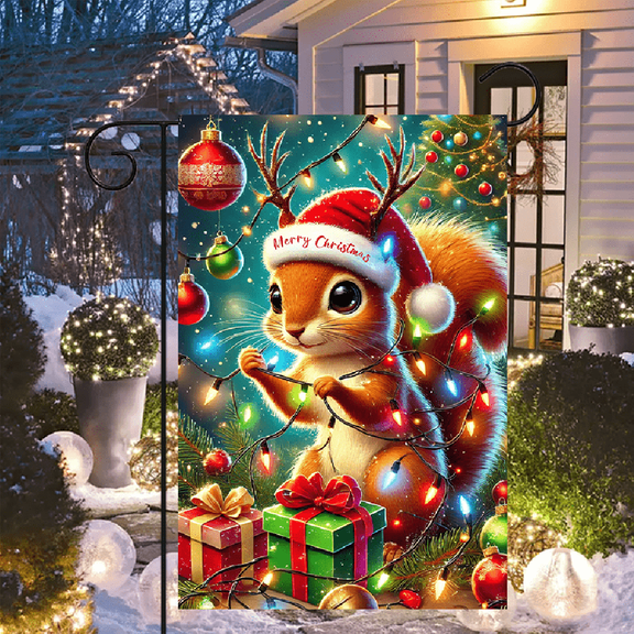 Christmas Squirrel Garden Flag 12 x 18 Inch, Cute Holiday Animal Outdoor Yard Flag, Double Sided 2D Flat Printed Seasonal Garden Decoration