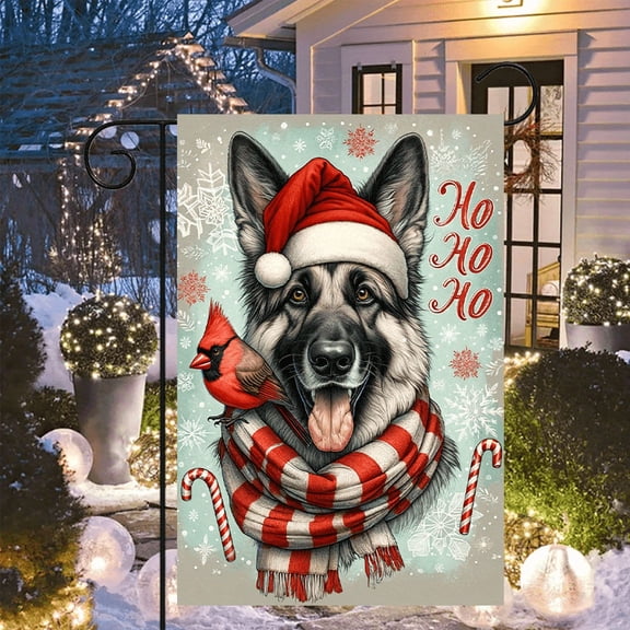 1 piece, double-sided Christmas Garden flag - 2D flat German Shepherd pattern design with Christmas hat and scarf, winter outdoor decoration, perfect for courtyard, lawn and outdoor decoration, garde