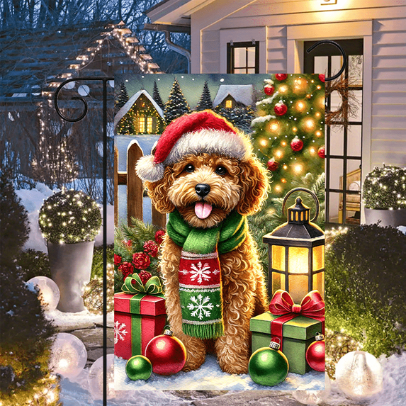 1 piece, double-sided Christmas Garden flag - 2D flat Poodle pattern design wearing a Christmas hat, winter outdoor decoration, very suitable for courtyard, lawn and outdoor decoration, garden decora