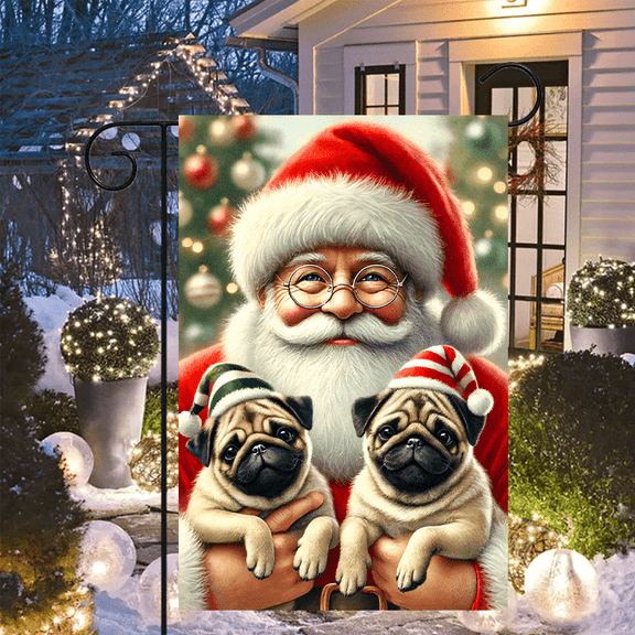 1 piece, double-sided Christmas Garden flag - 2D flat Santa Claus holding a Pug dog pattern design, winter outdoor decoration, very suitable for courtyard, lawn and outdoor decoration, garden decorat