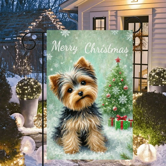 1 piece, double-sided Christmas Garden flag - 2D flat cute Yorkshire Terrier pattern design, winter outdoor decoration, perfect for courtyard, lawn and outdoor decoration, garden decoration, party de