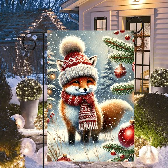 1 piece, double-sided Christmas Garden flag - 2D flat cute little fox pattern design, winter outdoor decoration, very suitable for courtyard, lawn and outdoor decoration, garden decoration, party dec