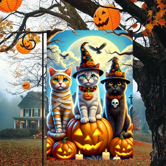 1 piece, double-sided Halloween Garden Flag - 2D flat Cat Wizard and cat Mummy pattern design, courtyard sign, perfect for courtyard, lawn and outdoor decoration, garden decoration, party decoration