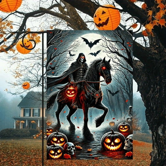 1 piece, double-sided Halloween Garden Flag - 2D flat Horror Ghost Knight design, courtyard logo, perfect for courtyard, lawn and outdoor decoration, garden decoration, party decoration items, 12x18