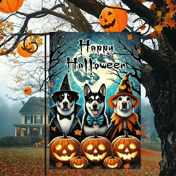 1 piece, double-sided Halloween Garden Flag - 2D flat design of three little dogs wearing wizard hats, courtyard sign, perfect for courtyard, lawn and outdoor decoration, garden decoration, party dec