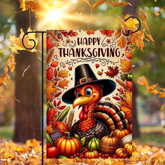 Thanksgiving Garden Flag 12 x 18 in, Turkey Pumpkin Fall Yard Decor, Double-Sided 2D Printed Outdoor Flag