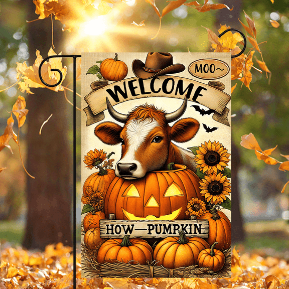 1 piece, double-sided autumn Thanksgiving Garden Flag - 2D flat cowboy hat cow pumpkin pattern design, courtyard logo, perfect for courtyard, lawn and outdoor decoration, garden decoration, party dec