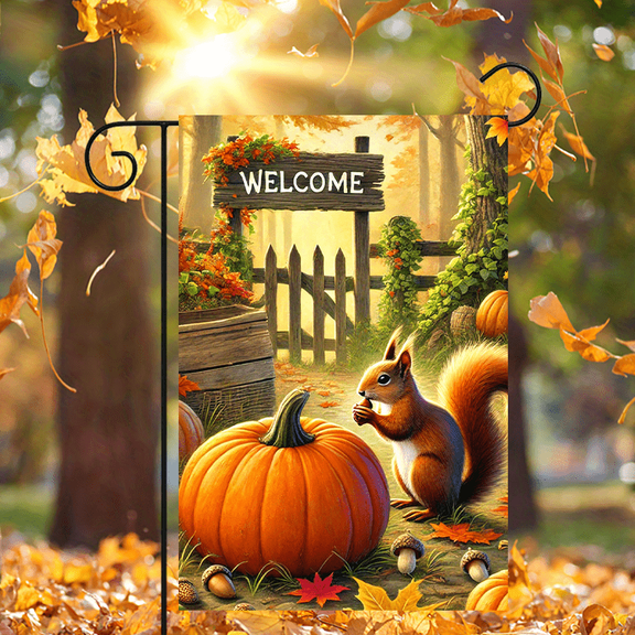 1 piece, double-sided autumn Thanksgiving Garden Flag - 2D flat squirrel pumpkin pattern design, courtyard logo, perfect for courtyard, lawn and outdoor decoration, garden decoration, party decoratio