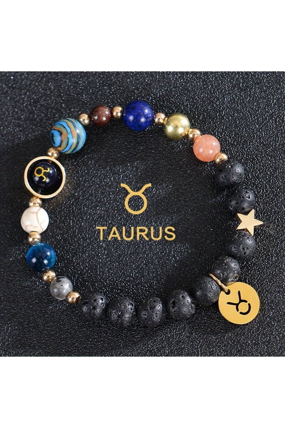 1 piece of eight planets and twelve zodiac signs bracelet with frosted stone beads, perfect for daily wear, gifts and birthday gifts for women and men,Taurus-Volcanic Stone