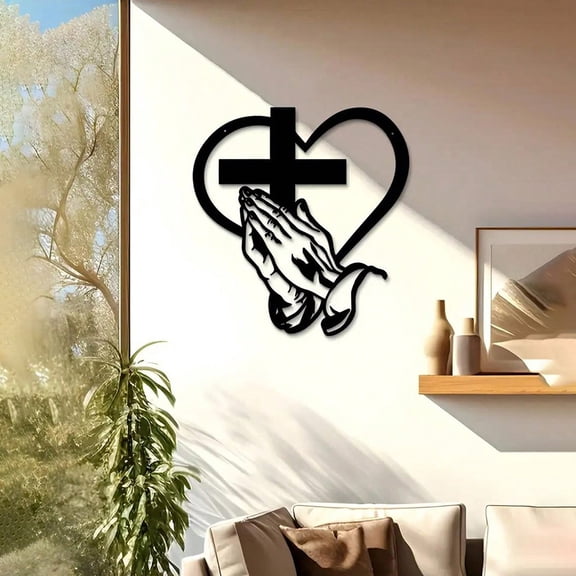 1 piece elegant metal Christian heart and cross wall art, praying hands design, indoor/outdoor decorative iron sculpture, perfect for living room courtyard office farmhouse decor