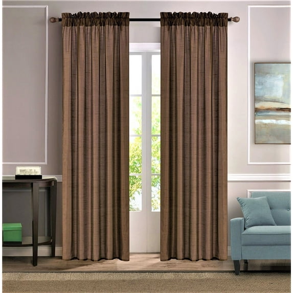 1 piece faux silk solid curtain drapes semi sheer see thru panels with rod pocket for any bedroom living room or patio door MR2 Brown Color 55" Wide X 84"Long