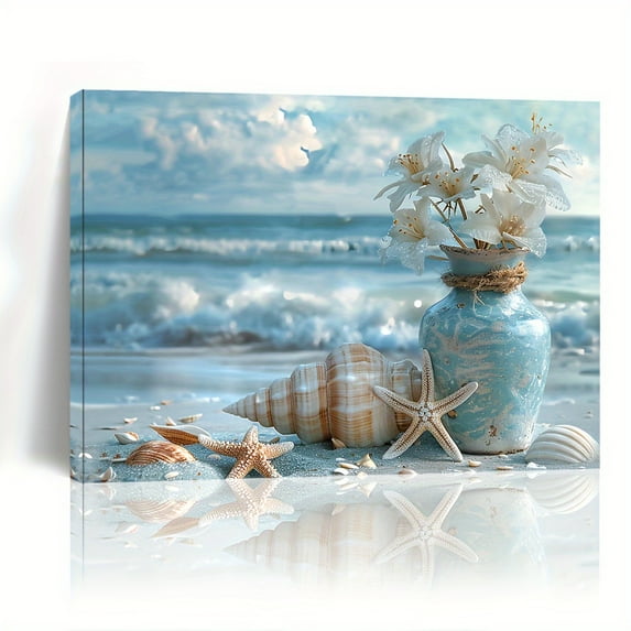 1 piece framed wooden canvas painting, seashore beach with starfish and shells canvas art, wood frame print, suitable for living room and bedroom decoration, perfect home decoration or holiday gift