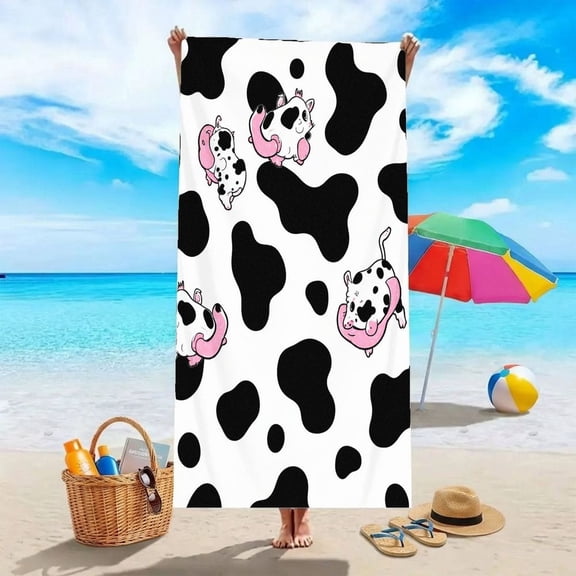 1 piece, fun white cow spotted beach towel, women's summer beach vacation swimming camping trip, pink swimsuit cow cartoon pattern, cute animal light sand protection lying in the sun