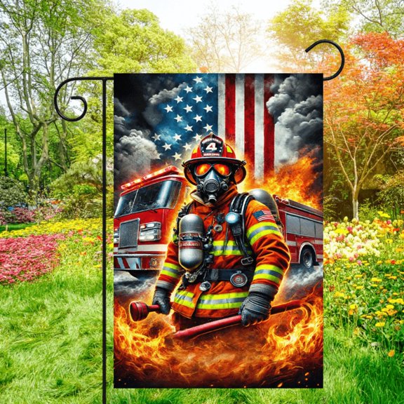 1 piece, a heroic tribute theme double-sided garden flag - 2D flat flag designed for fire engines and firefighters, a courtyard sign, perfect for courtyard, lawn and outdoor decoration, garden decora