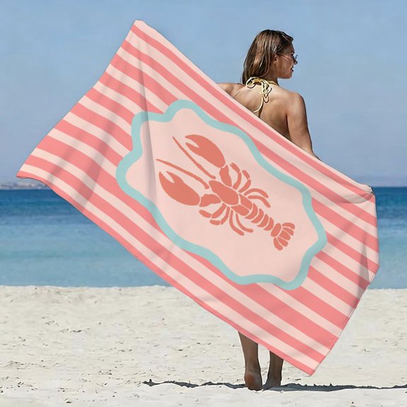 1 piece, lobster pattern striped printed beach towel, suitable for beach pool travel, perfect for beach, swimming pool, travel, camping, yoga, shower, summer vacation gifts for all ages