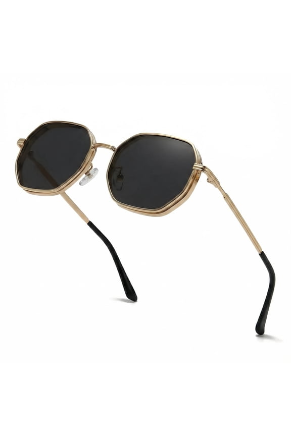 Retro Polygon Sunglasses for Men Women, Gold Metal Frame, UV400 Protection, Fashion Shades for Driving & Outdoor