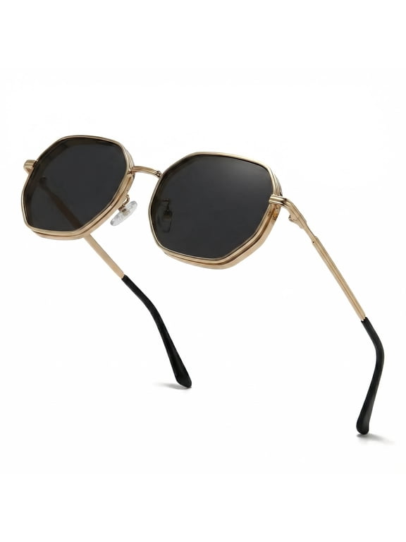 Retro Polygon Sunglasses for Men Women, Gold Metal Frame, UV400 Protection, Fashion Shades for Driving & Outdoor